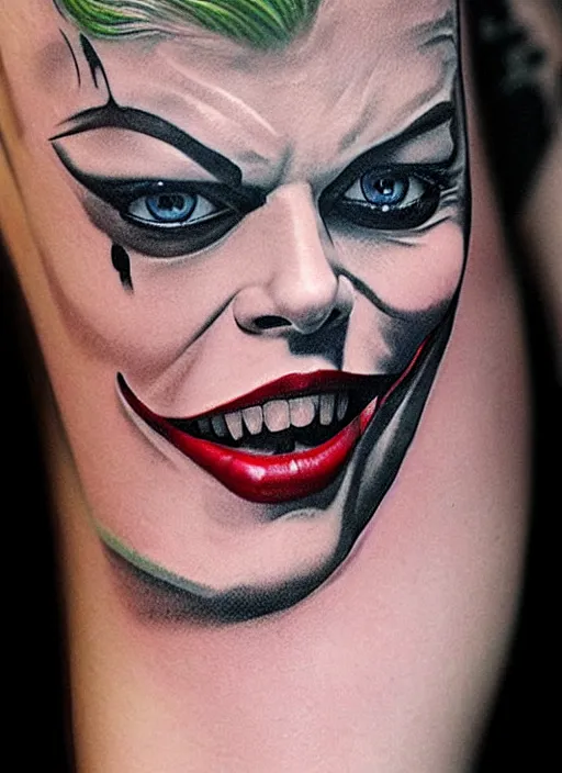 Image similar to tattoo design of margot robbie with joker makeup, ace card, in the style of den yakovlev, realistic face, black and white, realism tattoo, hyper realistic, highly detailed