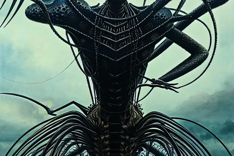 Prompt: realistic detailed portrait movie shot of a beautiful black woman riding a giant spider, dystopian city landscape background by denis villeneuve, amano, yves tanguy, alphonse mucha, max ernst, ernst haeckel, kehinde wiley, caravaggio, david lynch, roger dean, cyber necklace, rich moody colours, sci fi patterns, dramatic, wide angle