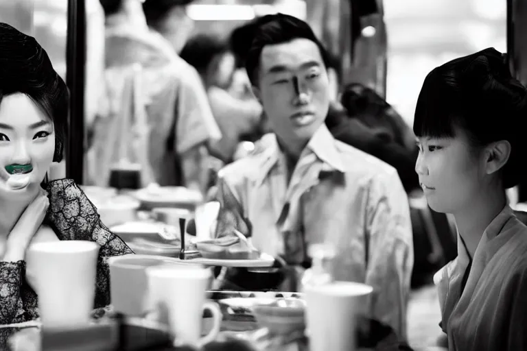 Image similar to movie interior closeup beautiful Chinese fashion model couple teams closeup joking at 50s diner, night in the city, beautiful skin, by Emmanuel Lubezki