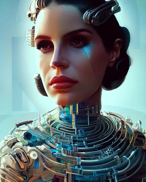 Image similar to portrait of lana del rey as a cyborg. intricate abstract. intricate artwork, by tooth wu, wlop, beeple, dan mumford. concept art, octane render, trending on artstation, greg rutkowski very coherent symmetrical artwork. cinematic, key art, hyper realism, high detail, octane render, 8 k, iridescent accents