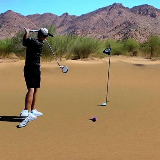 Prompt: pickle flavored man golfing in the desert