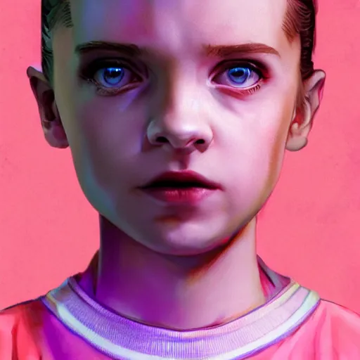 Image similar to eleven from stranger things with her hand outstretched facing the camera, trending on artstation, art by yoshitaka amano, 4k