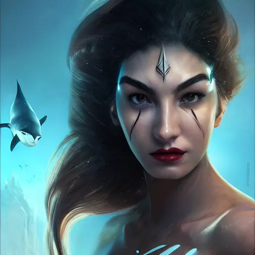 Prompt: head and shoulders portrait of modern darna, shark with a laser beam attached to its head, intricate, elegant, dark vibes, highly detailed, digital painting, artstation, glamor pose, concept art, smooth, sharp focus, illustration, art by wlop, mars ravelo and greg rutkowski