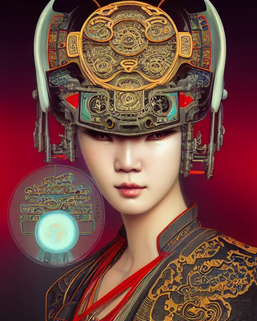 Image similar to portrait of a cyberpunk machine, machine face, upper half portrait, decorated with chinese opera motifs, asian, fine china, wuxia, traditional chinese art, intricate, elegant, highly detailed, symmetry, headpiece, digital painting, artstation concept art smooth sharp focus, illustration, art by artgerm and greg rutkowski alphonse mucha 8 k