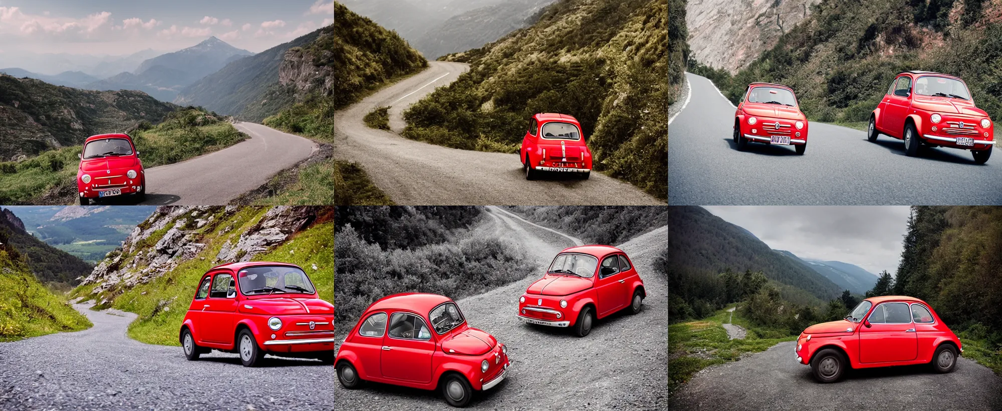 Prompt: A very beautiful photo of an old red Fiat 500 racing on a mountain road