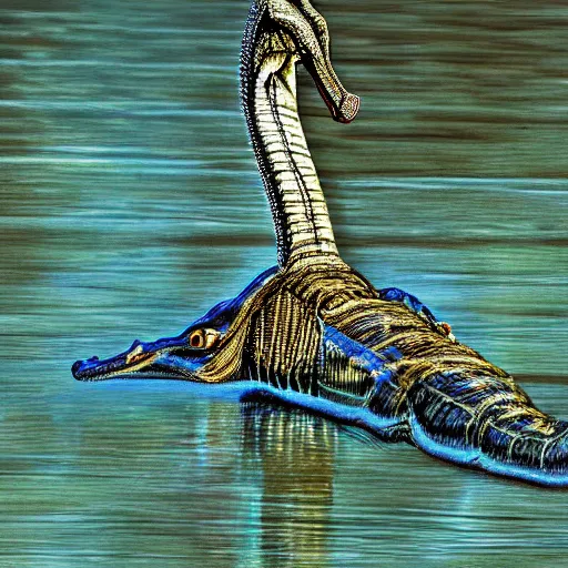 Prompt: indian gharial teaching other baby indian gharials to swim in the lake water, digital art, artstation, colorful