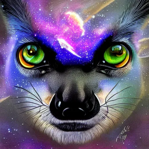 Prompt: geometric symmetrical lemur with galaxy eyes in space, nebula in the background, intricate, elegant, highly detailed, digital painting, artstation, concept art, smooth, sharp focus, illustration, art by artgerm