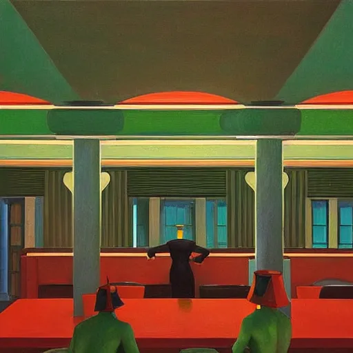 Prompt: green people at red art deco restaurant, open ceiling, highly detailed, painted by Edward Hopper, painted by James Gilleard, surrealism, airbrush