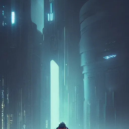 Image similar to cinematic view, giant futuristic cyberpunk spacecraft, blade runner, dense fog, bloom, cinematic lighting, ultra detailed, trending on artstation, dune style, mid tone, denis villeneuve