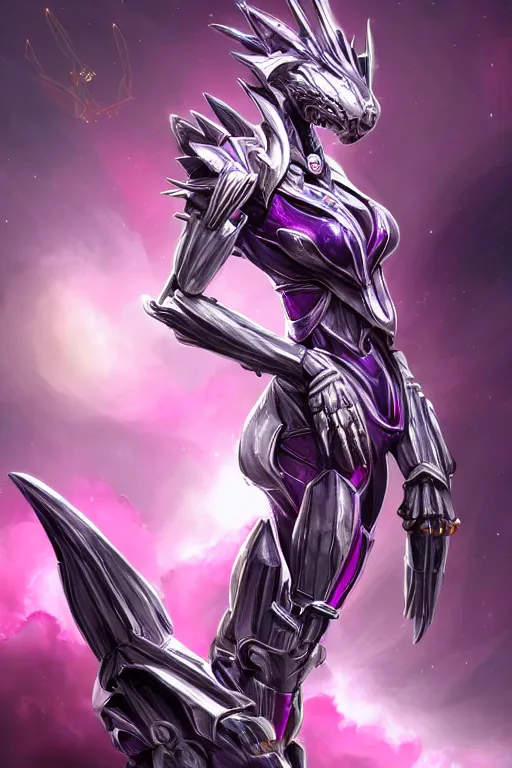 Prompt: backshot galactic hyperdetailed elegant beautiful stunning giantess anthropomorphic mecha sexy female dragon goddess, sharp spines, sharp metal ears, smooth purple eyes, smooth fuschia skin, silver armor, in space, epic proportions, epic scale, epic size, warframe destiny fanart, furry, dragon art, goddess art, giantess art, furaffinity, octane realism