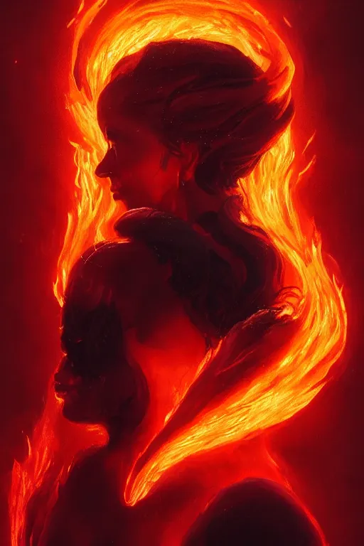 Image similar to a head and shoulder portrait of a goddess women engulfed in deep coloured flames by Greg Rutkowski, Sung Choi, Mitchell Mohrhauser, Maciej Kuciara, Johnson Ting, Maxim Verehin, Peter Konig, Bloodborne , 8k photorealistic, cinematic lighting, HD, high details, atmospheric , trending on artstation