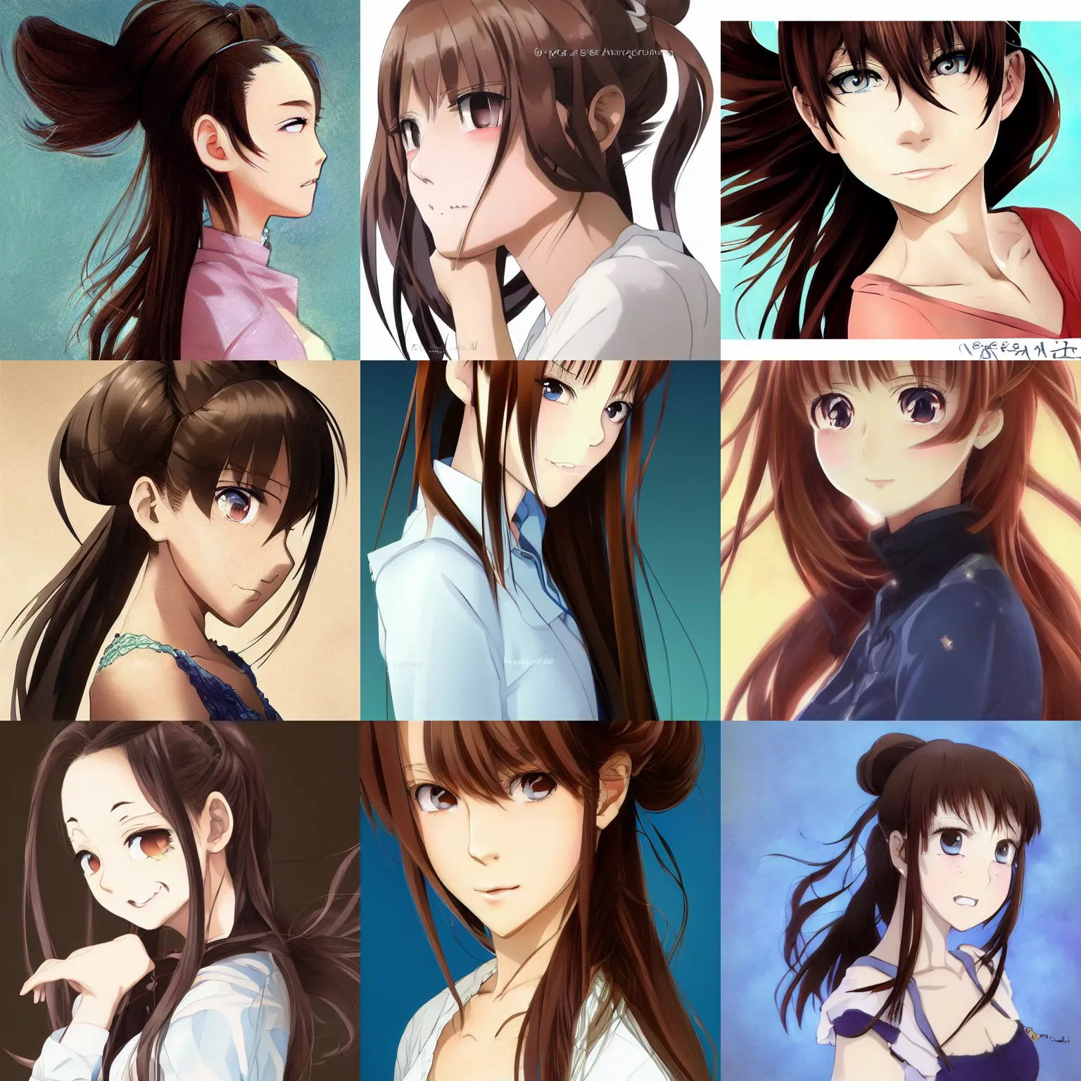 Prompt: An anime portrait of a woman with brown hair, a short ponytail, a part in her hair, with bright blue eyes, big teeth, a big forehead, and large eyebrows, without glasses, medium shot portrait, by Stanley Artgerm Lau, WLOP, Rossdraws, James Jean, Andrei Riabovitchev, Marc Simonetti, and Sakimi chan, trending on artstation