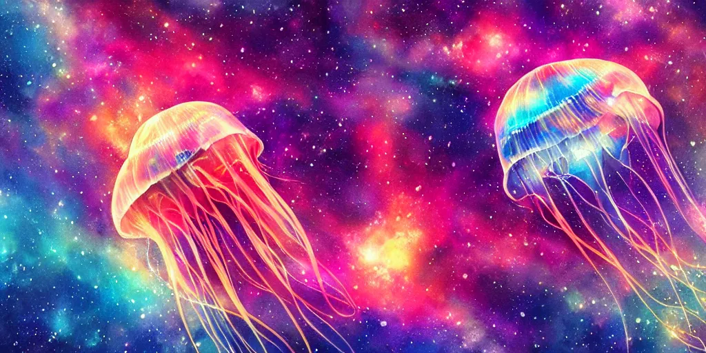 Image similar to Beautiful multi colored jellyfish in space, nebula, gorgeous, amazing, elegant, intricate, highly detailed, digital painting, artstation, concept art, sharp focus, illustration, art by Ross tran