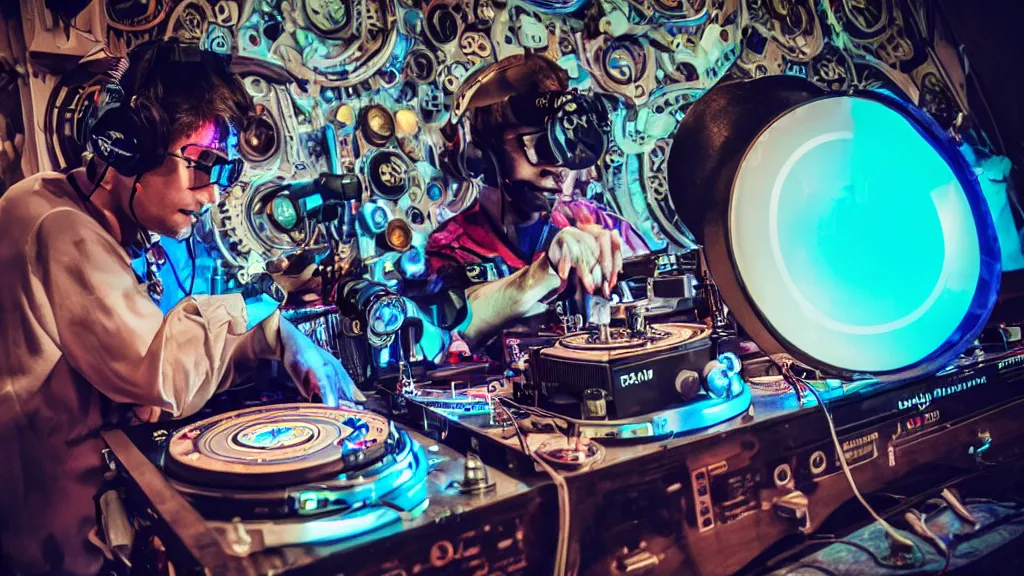 Image similar to a person wearing goggles and visor and headphones using a steampunk record player contraption, wires and tubes, turntablism dj scratching, intricate planetary gears, complex, cinematic, imax, sharp focus, iridescent, black light