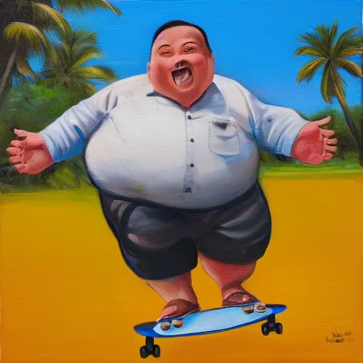 happy fat man in a hawaiian shirt, skateboarding, oil