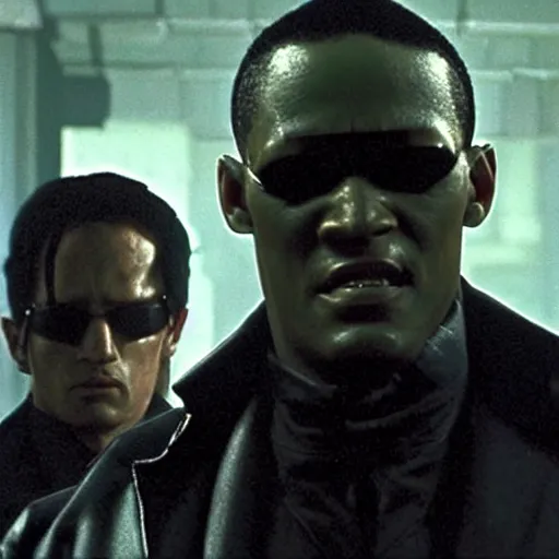 Image similar to Morpheus and Neo from The Matrix fighting the android from I, Robot, HD movie screenshot, promotional still, ultra high definition, detailed, 4k movie