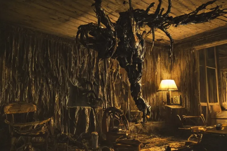 Image similar to film still of an oily monster abomination with carapace and antennae clinging to the ceiling of an old cabin's living room, horror movie, eerie, creepy, dark, amazing lighting, great cinematography, directed by scott derrickson