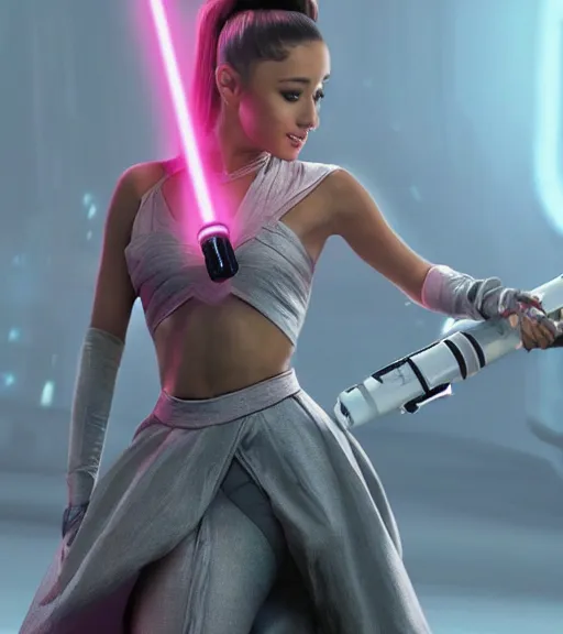 Prompt: A hyper realistic photo of Ariana Grande in the Star Wars universe with two pink lightsabers held in each hand, action pose. Maximum detail on artstation, photo realism, vivd details, vivd colour