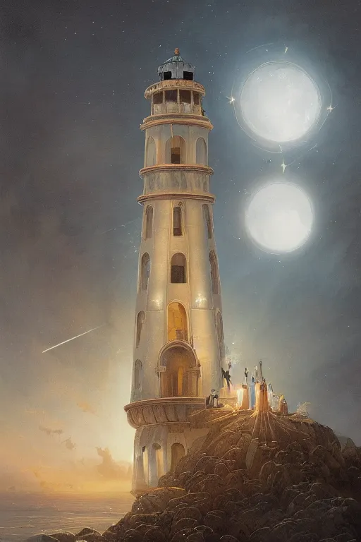 Prompt: Detailed Exterior Shot of Saintly Lighthouse of Alexandria, light of saints, moonlight shafts, flock of birds, night atmosphere, in Style of Peter Mohrbacher, cinematic lighting