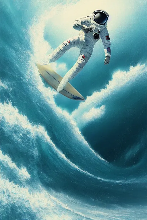 Image similar to a beautiful digital painting of an astronaut in a white space suit surfing the great wave on a surfboard by greg rutkowski, photorealistic, trending on artstation, highly detailed, intricate, unreal engine, octane render