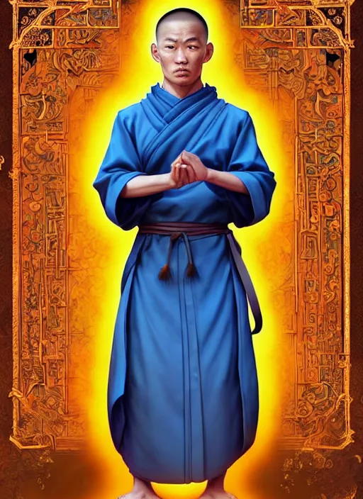 Image similar to male monk with a mongolian pigtail!!!! asian facial features and blue eyes!! intricate ornate blue robes!! character concept art, sharp focus, octane render! unreal engine 5! highly rendered!! trending on artstation!! detailed linework!! illustration by artgerm, wlop, and chie yoshii