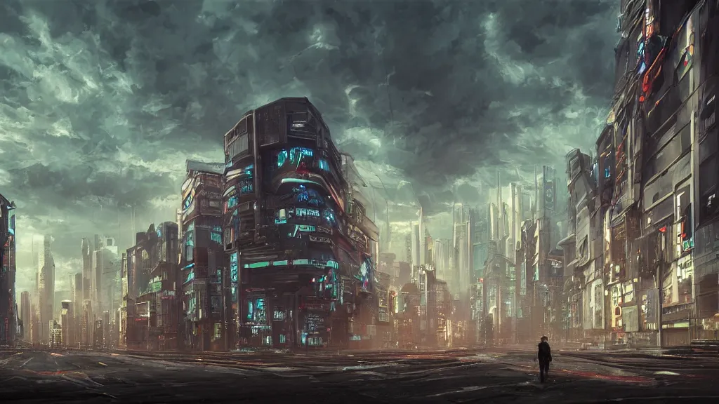 Image similar to prominent cyberpunk building, empty streets, streets-level, skyscapers, buildings, clouds, sunset, painted by seb mckinnon, high detail, digital art, trending on artstation