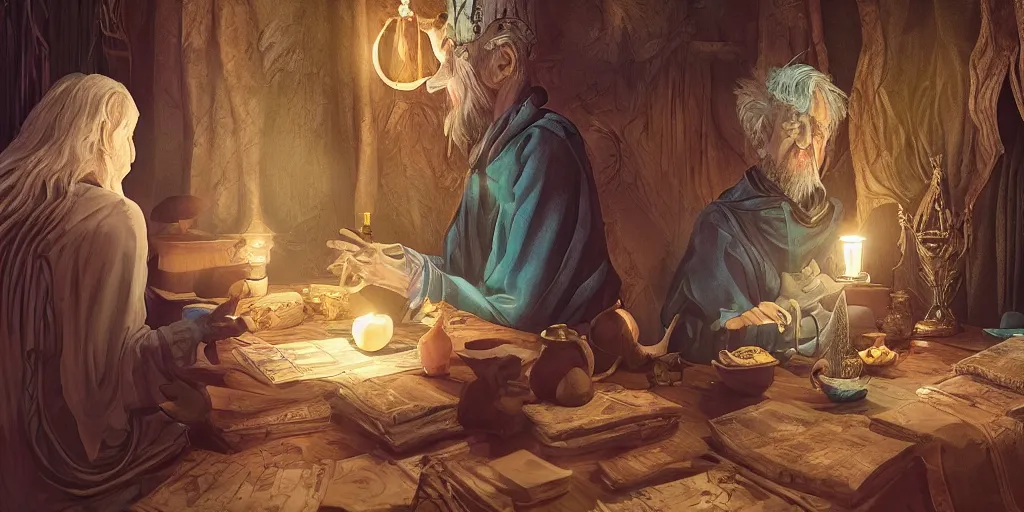 Prompt: wizard doing a tarot reading, cards, fantasy, digital art, soft lighting, 8 k, highly detailed