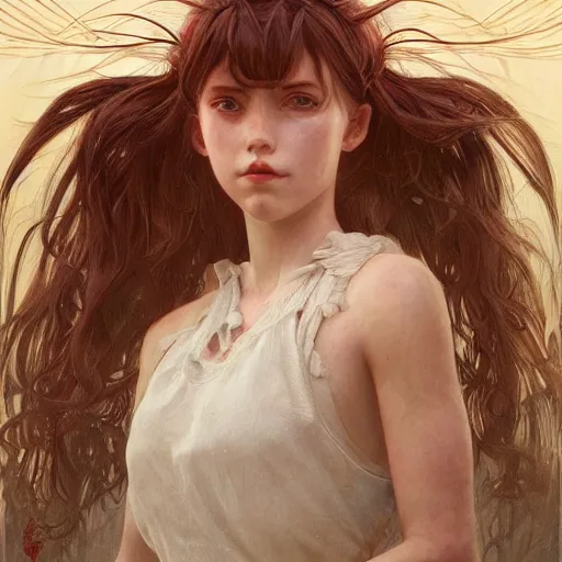 Image similar to portrait of a young girl with blond twin tail hair and red eyes, ultra realistic, concept art, intricate details, eerie, highly detailed, photorealistic, octane render, 8 k, unreal engine. art by artgerm and greg rutkowski and alphonse mucha