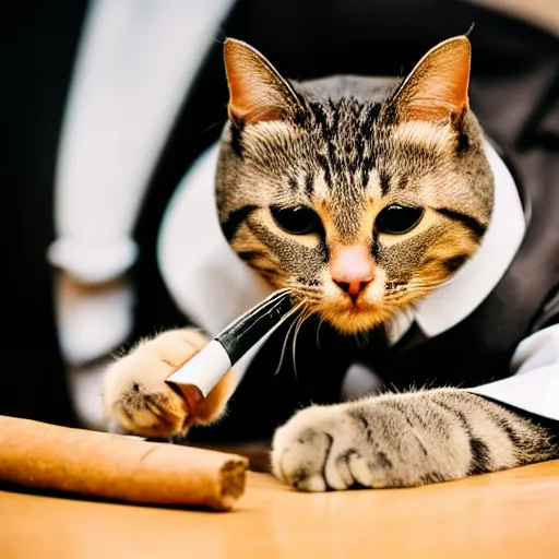 Image similar to a high detail closeup shot of a cat wearing a suit and smoking a cigar