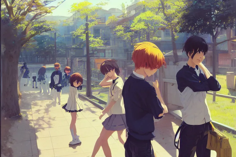 Image similar to boy's love anime high school scene spring noon setting, high detail concept art, perfect proportions fine - face, realistic shaded lighting poster ilya kuvshinov, katsuhiro, jeremy lipkin and michael germash, makoto shinkai, loish and clamp style, trending on art station, best selling artist