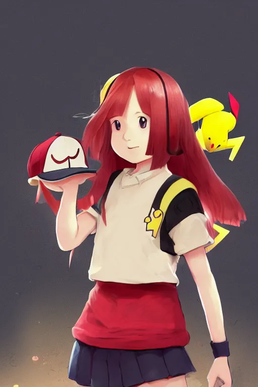 portrait of cute pokemon trainer girl with vibrant red, Stable Diffusion