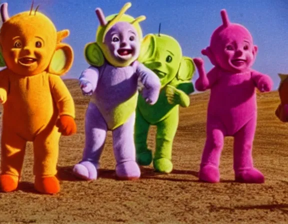 Image similar to teletubbies in mad max, film still, screenshot, desert, cinematic