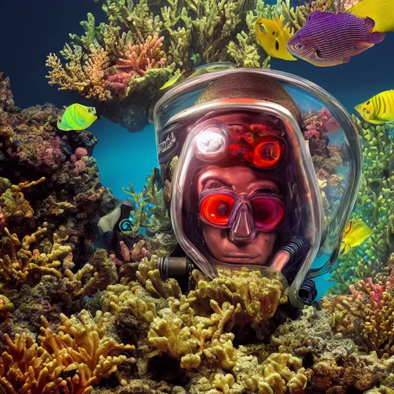 Image similar to octane render portrait by wayne barlow and carlo crivelli and glenn fabry, subject is a shiny reflective colorful tactical special forces scuba diver with small dim lights inside helmet, surrounded by bubbles inside an exotic alien coral reef aquarium full of exotic fish and sharks, cinema 4 d, ray traced lighting, very short depth of field, bokeh