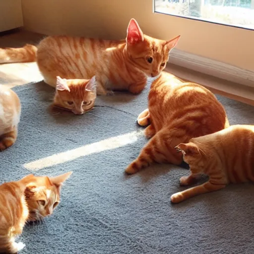 Prompt: three orange tabby cats and two grey tabby cats relaxing in the sunshine in a living room