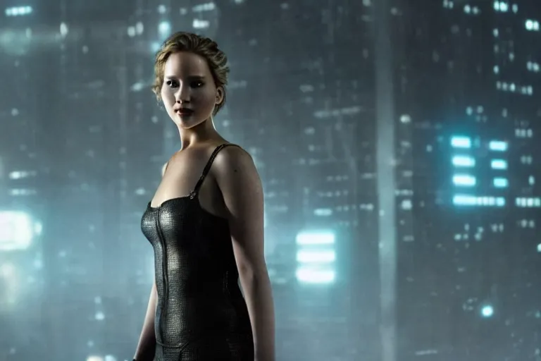 Prompt: jennifer lawrence in a cyberpunk outfit, sci-fi movie still, cinematic lighting