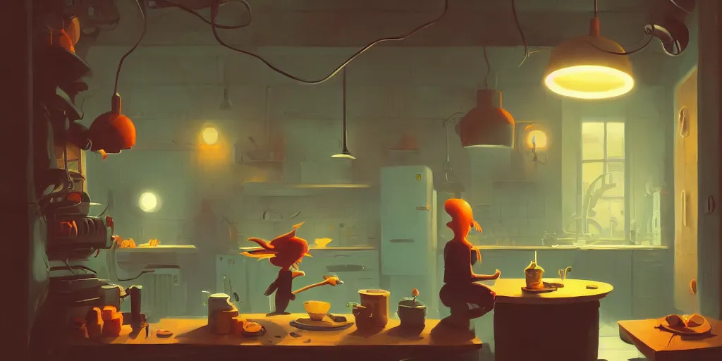 Image similar to cute lonely kitchen dim lit by a candle ripped physique simon stalenhag gerald brom bastien grivet by greg rutkowski game background fisheye lens day of the tentacle