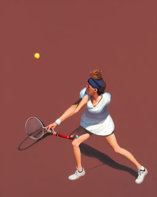 Image similar to woman playing tennis painted by George Tooker volumetric lighting, back lighting, rimlight, dramatic lighting, digital painting, highly detailed, artstation, sharp focus, illustration, Artgerm, Jean-Léon Gérôme , ruan jia