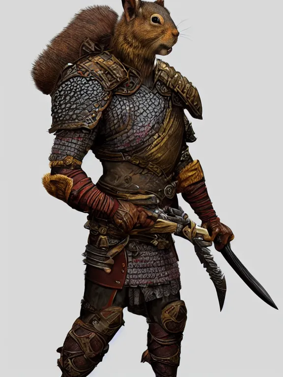 Image similar to full body frontview portrait of a warrior in squirrel armour, d & d character design, designed in blender, 8 k hd, octane render, intricate and highly detailed, coloured with lots of colour, pose, fantasy, sharp focus,