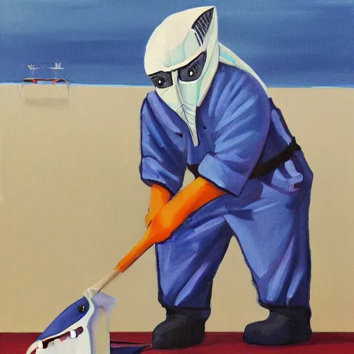 Prompt: Shark in a janitor outfit painting