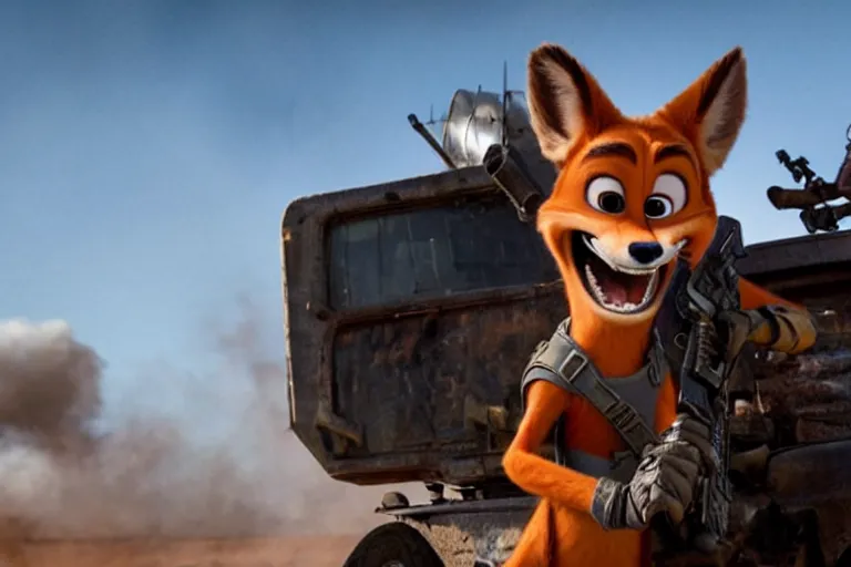 Image similar to nick wilde, heavily armed and armored facing down armageddon in a dark and gritty reboot from the makers of mad max : fury road