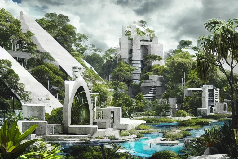 Prompt: brutalist futuristic white Aztec structures, manicured garden of eden, pools and streams, tropical foliage, birds, sculpture gardens, Winter, by Jessica Rossier and Brian Froud