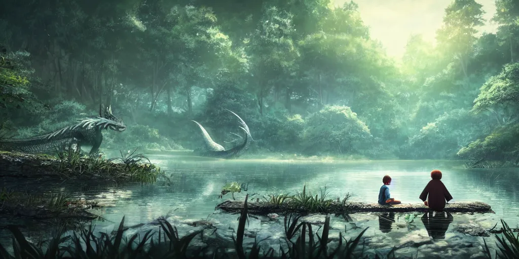 Image similar to a silver dragon and a boy sitting next to lake in forest, many fireflys, at night, concept art, dof, cryengine, digital art, detailed background, makoto shinkai