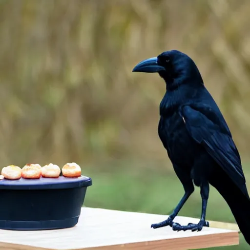 Image similar to A photo of a crow that only goes to these business meetings because there are free donuts.