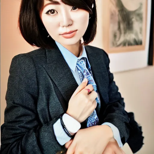 Prompt: a pretty young girl of 2 5, japanese, with big eyes, short shoulder - length hair and a suit ， by sam yang