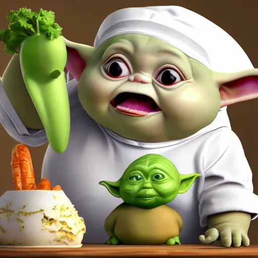 Prompt: curious mouth agape innocent tiny overweight chubby baby yoda as chef wearing white chefs hat and white apron, offering a plate of food, vegetables, photography, hyperrealism, unreal engine, octane 3 d render, houdini, unity 3 d, highres, adobe premier pro, trending on artstation, trending on deviantart, thisistheway