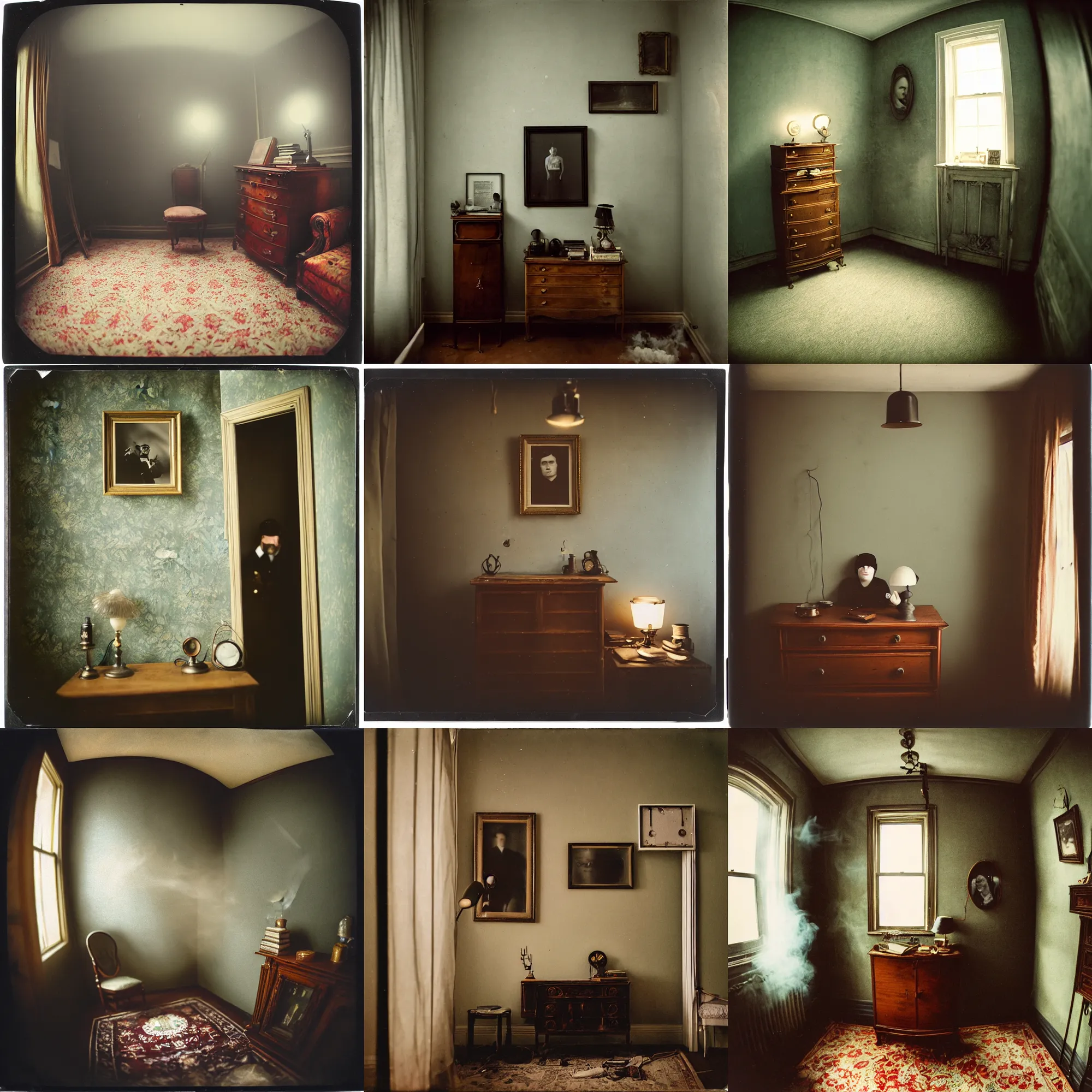 Image similar to kodak portra 4 0 0, wetplate, 8 mm extreme fisheye, award - winning portrait by britt marling, a person in a 1 9 2 0 s room, ghost, picture frames, shining lamps, dust, smoke, 1 9 2 0 s furniture, wallpaper, carpet, books, muted colours, wood, fog,