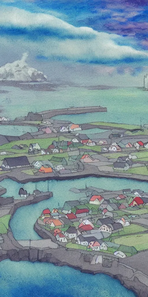 Image similar to a beautiful painting of a icelandic fishing village, storm clouds gathering over the town, by studio ghibli 8 k pastel colours, isometric drone shot smeared watercolours, golden light film grain