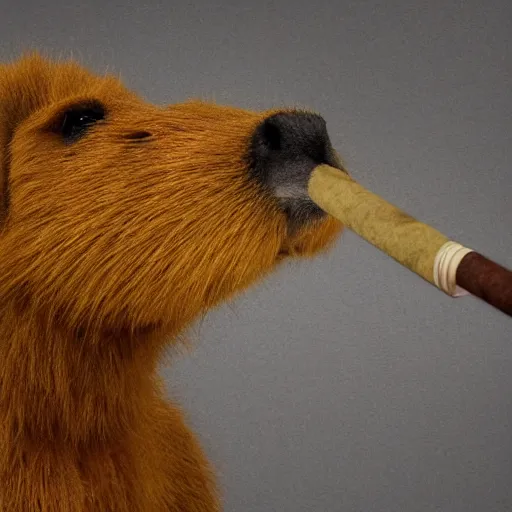 Image similar to a high detail photo of an antropomorphic capybara wearing a suit smoking a cigarrette, subject= duck, subject detail: wearing a suit, subject action: smoking a cigarrette photorealism