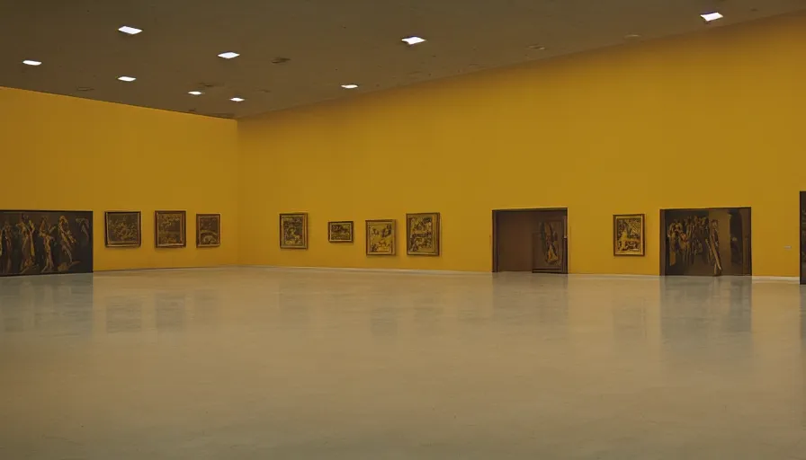 Prompt: 60s movie still of a sovietic stalinist style empty art museum with a soviet congress with yellow wall, DIY REDSCALE, liminal Space style, heavy grain