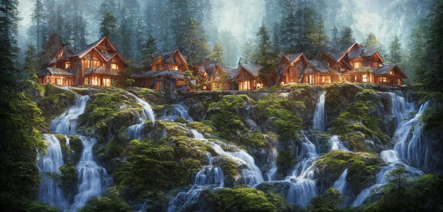 Image similar to beautiful large scandinavian house in the forest on a hill, a large waterfall flows down from the mountain in the background, vwctor art, fabulous, hyper detailed, random cinematic view, no noise, global illumination, warm lighting, volumetric, godrays, vivid, by jordan grimmer